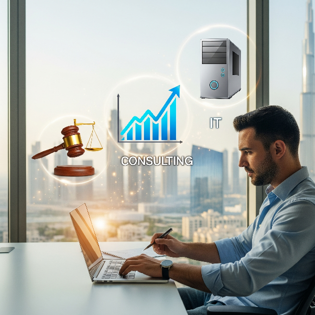 Consultant at a laptop with floating icons for legal, consulting, and IT services, set in a modern office overlooking the Dubai skyline — representing professional licensing in Dubai.