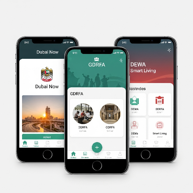 A professional infographic-style image showing three smartphone screens side-by-side. The screens display the Dubai Now, GDRFA, and DEWA Smart Living app interfaces, conveying efficient public and administrative services in Dubai.