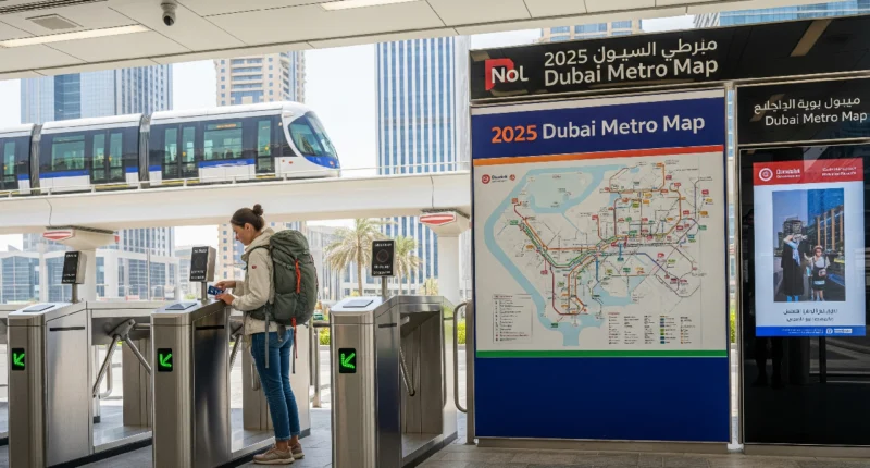 Expat woman using Nol card at Dubai Metro station in 2025