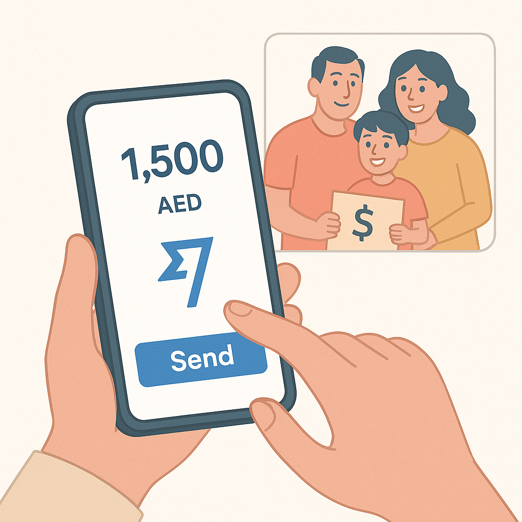 Expat sending money via remittance app with happy family in video call