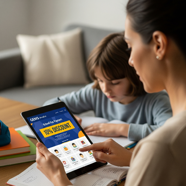 Mother exploring discounted Dubai school fees online