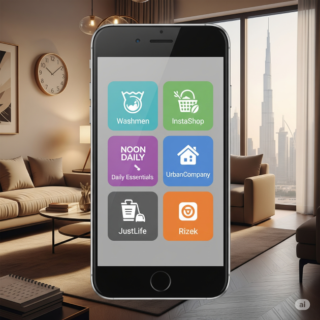 An infographic-style image showing a smartphone displaying a grid of popular Dubai app icons for services like Washmen, InstaShop, Noon Daily, UrbanCompany, JustLife, and Rizek. The background is a modern Dubai apartment living room with a view of the city skyline.