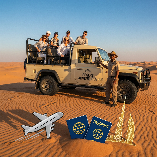 Tourists preparing to board a desert safari jeep with a licensed guide, alongside icons of an airplane, passport, and the Burj Khalifa — representing Dubai’s tourism license for travel businesses.