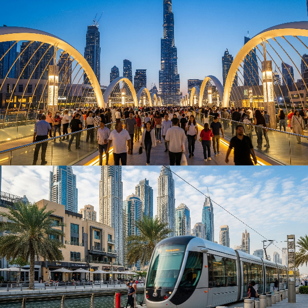 Walkable zones in Downtown Dubai and Dubai Marina with metro and tram access