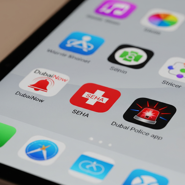 Dubai emergency apps open on a tablet for expats
