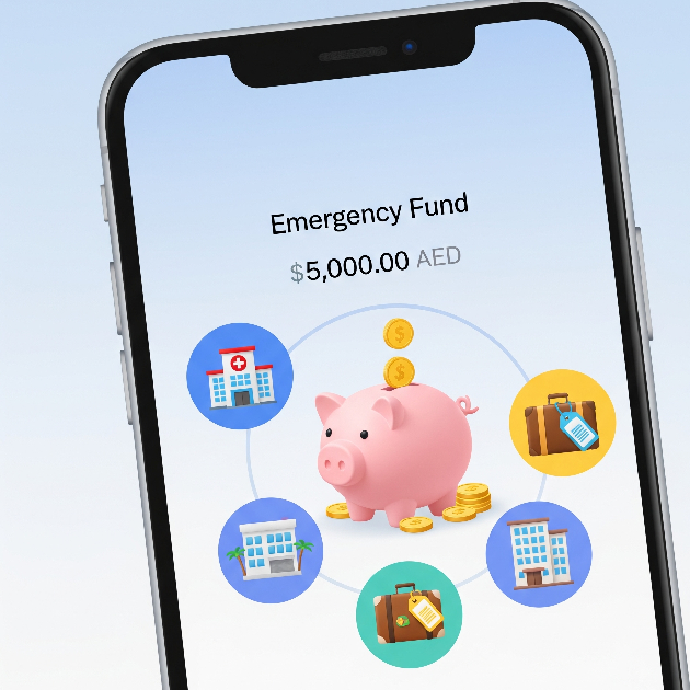 Emergency fund savings app interface with AED symbols