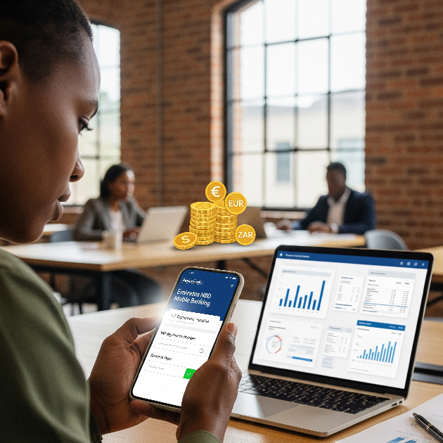 Professional using Emirates NBD banking app for VAT and currency tools.