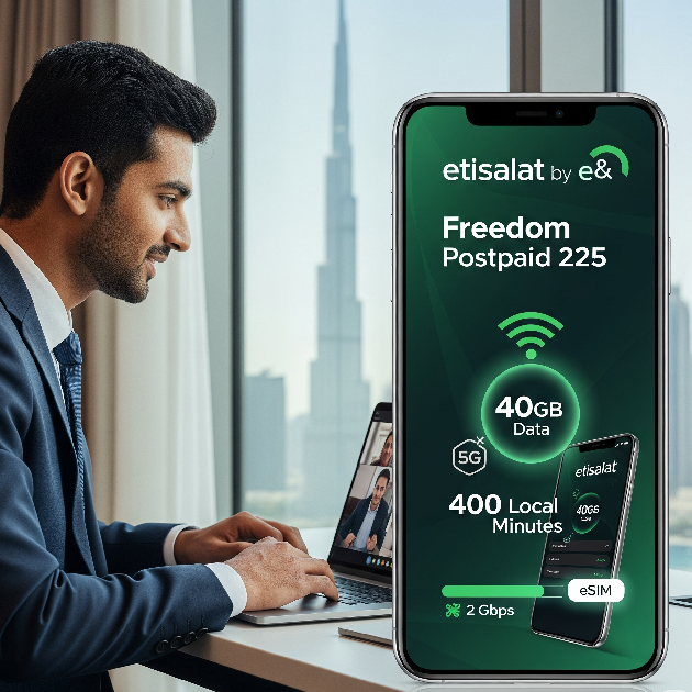 Etisalat Freedom Postpaid 225 plan visual with 5G access, 40GB data, and eSIM support for expats.