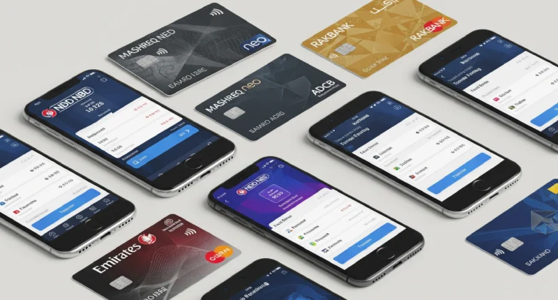 Expats opening bank accounts in Dubai using smartphones with digital banking apps