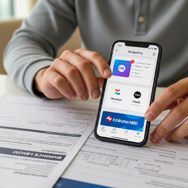 Expat tracking budget on mobile while reviewing bank forms in Dubai