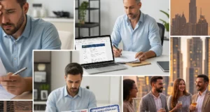 Split-screen showing expats in Dubai facing housing, visa, and cultural challenges