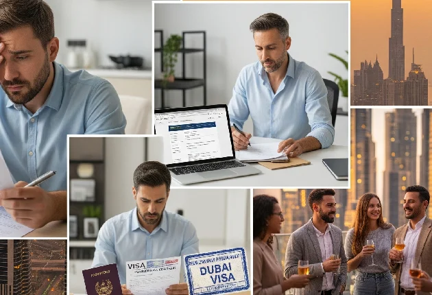 Split-screen showing expats in Dubai facing housing, visa, and cultural challenges