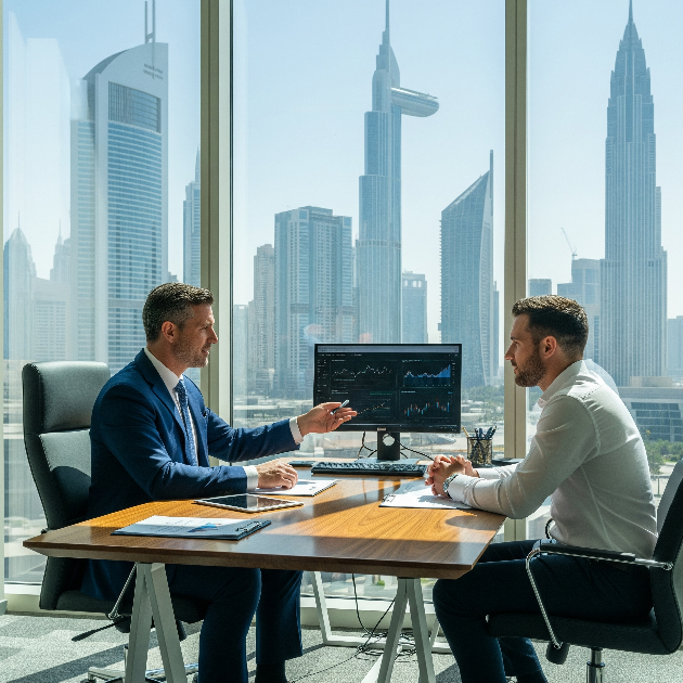 Expat consulting financial advisor in Dubai office with DIFC skyline