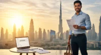 Expat job seeker standing with resume against Dubai skyline