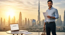 Expat job seeker standing with resume against Dubai skyline
