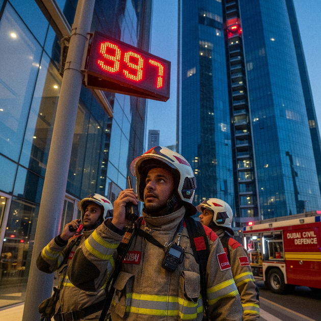 Dubai Civil Defence firefighter with 997 emergency contact