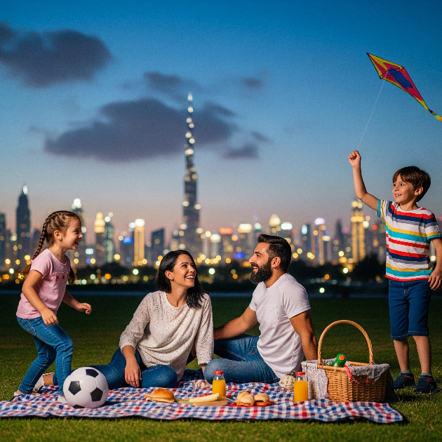 Family enjoying free entertainment at a Dubai park