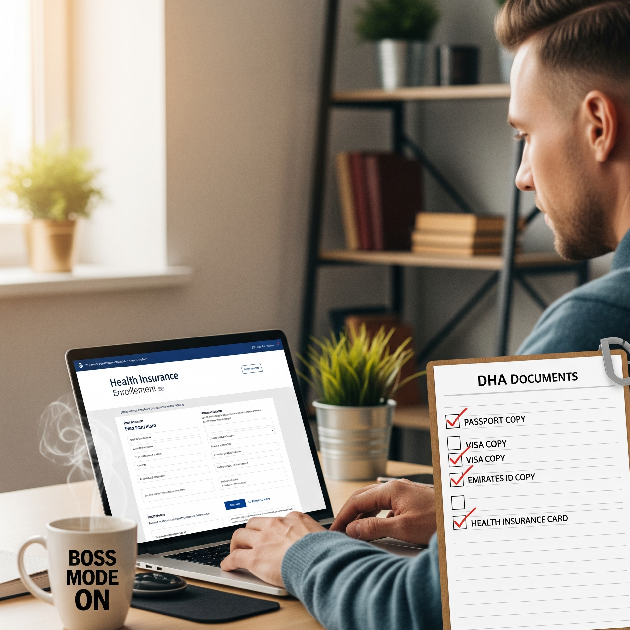 Freelancer in Dubai enrolling in health insurance online