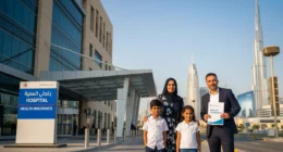 Expats with health insurance documents outside a Dubai hospital