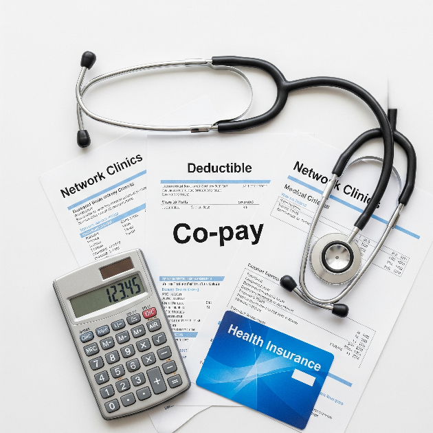 Visual guide to health insurance terms like co-pay and deductible