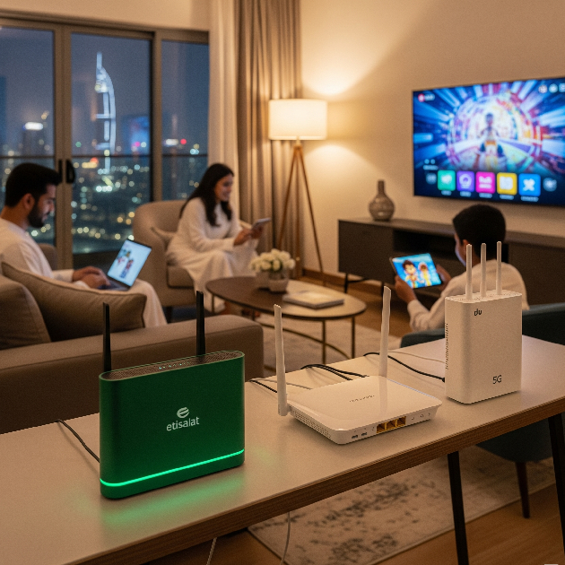 Home internet setup in a Dubai apartment using Etisalat and Du routers.
