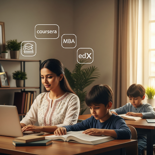 Indian parent upskilling through online courses while children study
