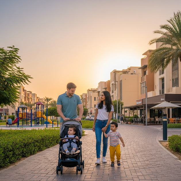 Expat family walking in JVC Dubai neighborhood