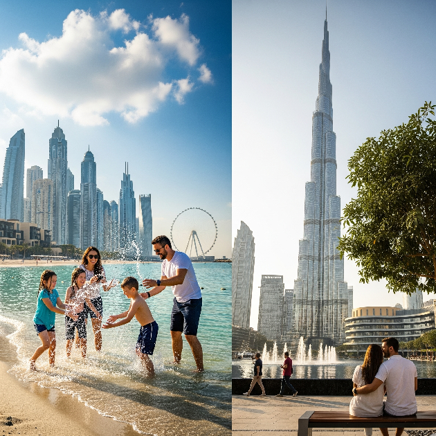 Family activities at JBR Beach and couples enjoying Burj Park