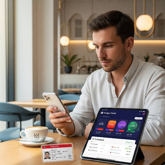 Freelancer using Liv. app at a café in Dubai with budget tools on screen.