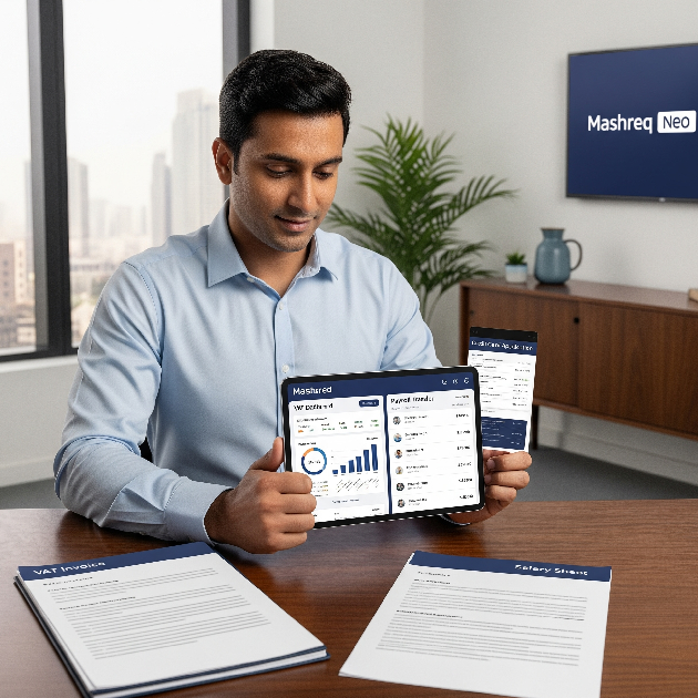 SME owner using Mashreq Neo app with VAT and payroll tools.