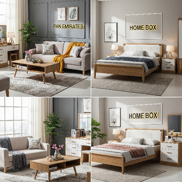 An interior showroom displaying stylish and affordable furniture, with distinct signs for both Pan Emirates and Home Box. The space is divided into a living room and a bedroom area.