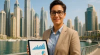 Expat professional with tablet and financial graphs in front of Dubai Marina skyline