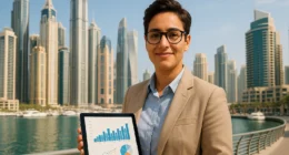 Expat professional with tablet and financial graphs in front of Dubai Marina skyline