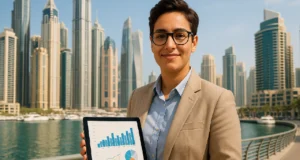 Expat professional with tablet and financial graphs in front of Dubai Marina skyline
