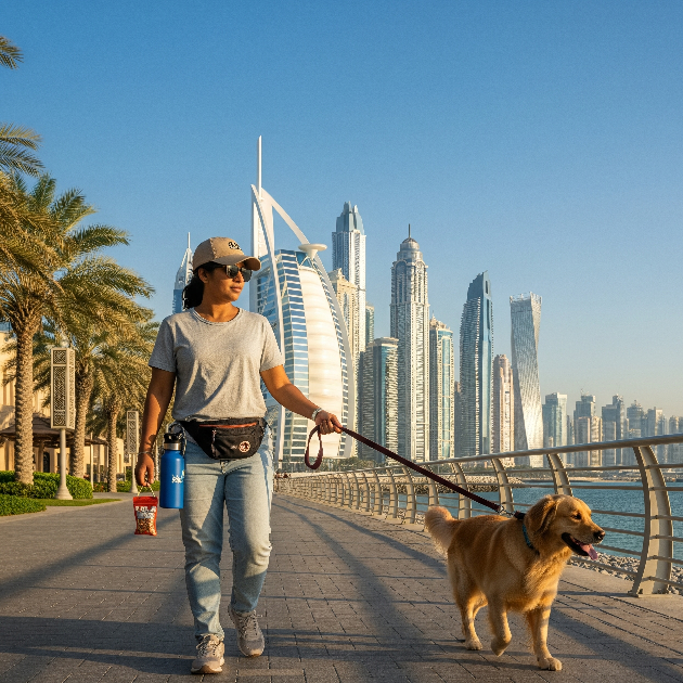 Pet sitter walking dog in Dubai
