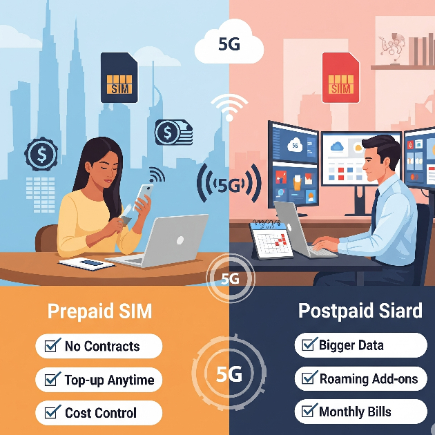 Side-by-side visual comparison of prepaid and postpaid SIM plans in Dubai for expats.