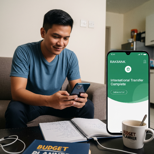 Filipino expat using RAKBANK app to send money internationally.