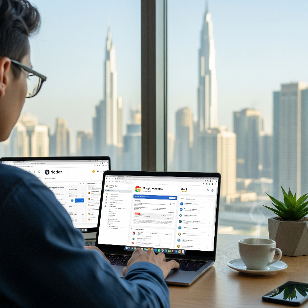 Remote worker in Dubai using cloud tools to save on commuting and fuel