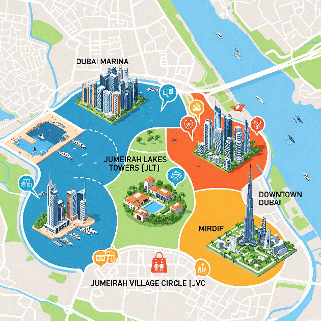 Rent comparison map of Dubai areas for 1BHK, 2BHK, and villas