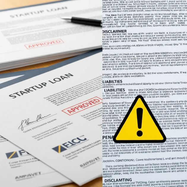 Business loan approval next to contract fine print and caution icon