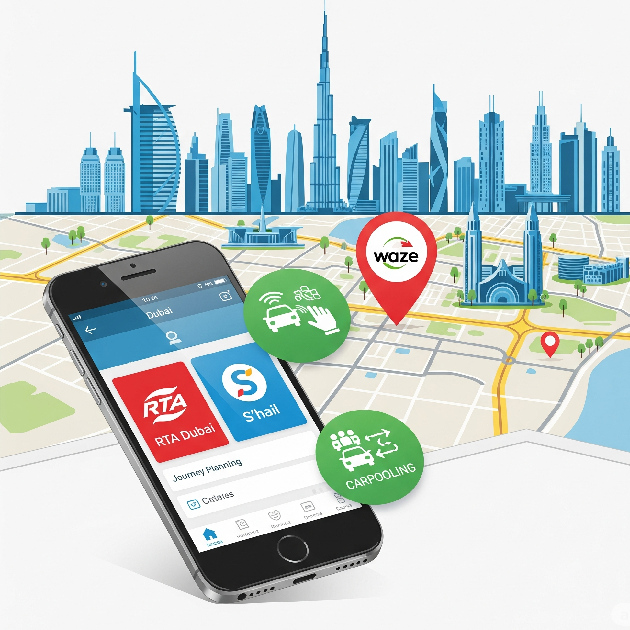 Infographic of a smartphone showing the RTA Dubai and S'hail apps for ride-sharing and carpooling, with a map of Dubai, a Waze pin, and the city skyline in the background.