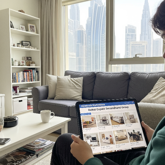 Used IKEA furniture bought via Facebook Marketplace in a Dubai apartment
