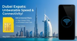 Featured image showing Dubai skyline with SIM card and smartphone for fast internet plans