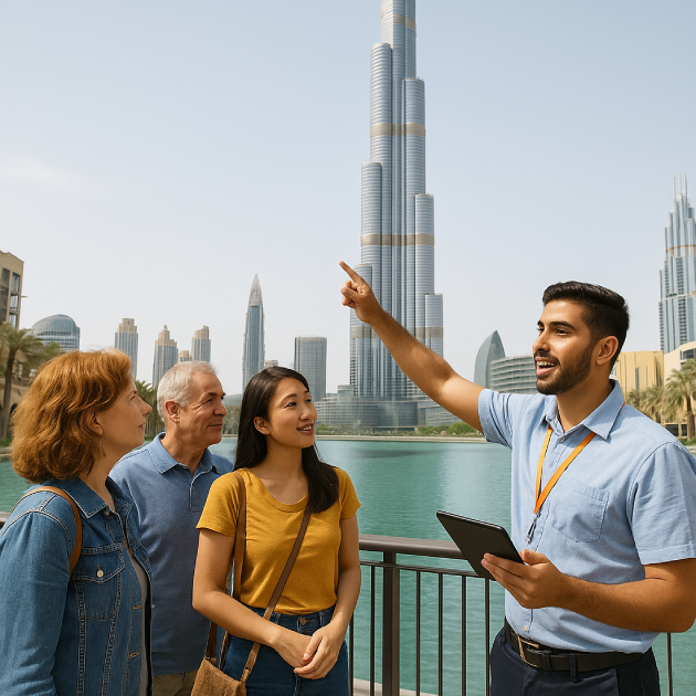 Dubai-based tour guide with clients at Burj Khalifa
