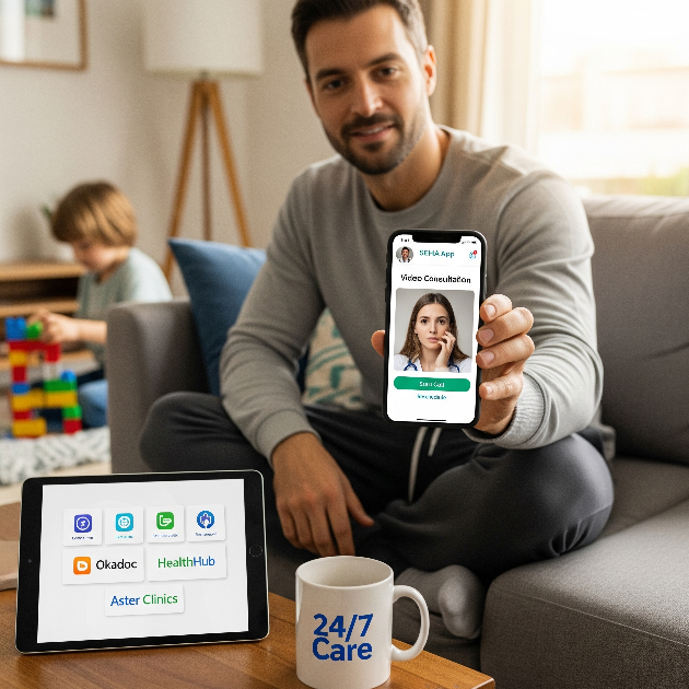 Expat using Seha app for after-hours telemedicine consultation in Dubai