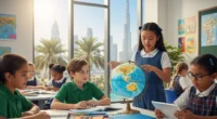 Diverse expat students learning in a Dubai international school with flags and curriculum symbols