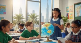Diverse expat students learning in a Dubai international school with flags and curriculum symbols