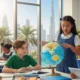 Diverse expat students learning in a Dubai international school with flags and curriculum symbols