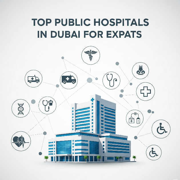 An infographic featuring a central, modern hospital building illustration. Surrounding the hospital are labeled icons connected by dashed lines. The icons include General Medicine, Ambulance, Diagnostics, Emergency, Pharmacy, Maternity, and Cardiology. The title "TOP PUBLIC HOSPITALS in Dubai for Expats" is at the top.