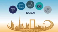 Modern Dubai skyline with icons for shopping cart, laptop, factory, camera, and airplane, illustrating different business license types in Dubai